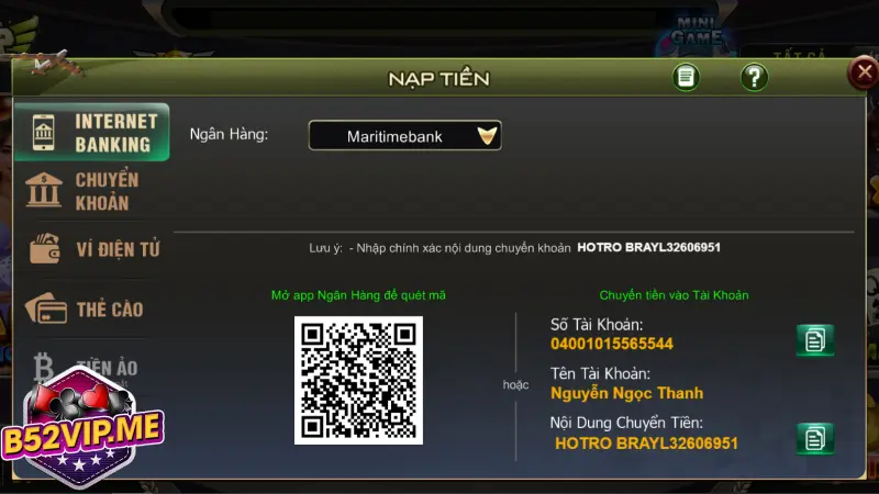 Hướng dẫn nạp tiền B52 qua IBanking
